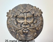 Round Acorn Green Man Decorative Plaque.Plaster with Metal Look .