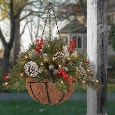 Pre-Lit Artificial Plants Hanging Basket Decorated with Berry Frosted Pine Cones