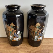 Black Floral Japanese Vases Pair Of -Gold Trim -Porcelain 15.5cms Tall - Ex Cond