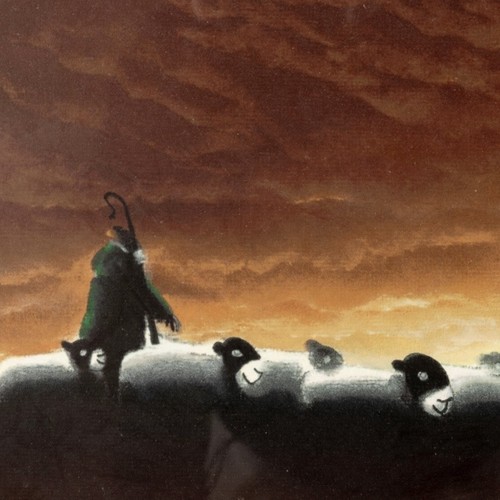 Shepherd with flock sheep - with,