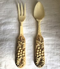 Vintage Large French Plastic Fork and Spoon Salad Servers Grapes Motif.