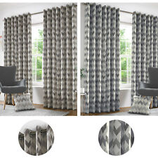 Modern Geometric Insignia Chenille Living Room Lined Eyelet Ring Top Curtains