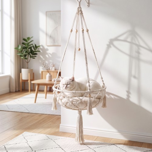 Macrame cat hanging basket - cat,