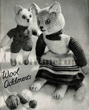 Knitting Pattern Vintage 1940s Toy Cat & Kitten Use Wool Oddments.