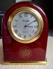 vintage miniature clock Etoile quartz lacquared wood islamic writting 