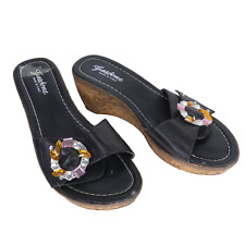 Granny Sandals Black Cork Wedge Mules Jewelled Vintage size UK 5 GARDONE