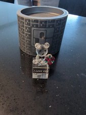 Swarovski Valentine's Bear Holding Flowers On Etched "I Love You" Glass Block