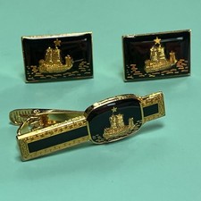 Vintage Chinese Junk Ship Cufflinks & Tie Clip Set Bright Goldtone & Black Resin
