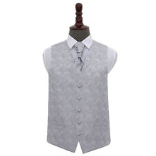 DQT Floral Paisley Silver Mens Wedding Waistcoat & Cravat Set