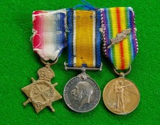 WW1 1914/15 Miniature Medal Trio with MID Oak-Leaf - Mounted as Worn
