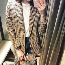 Vintage Notched Bouble Breasted Plaid Women Blazer Ladies Retro Office Lady Jack