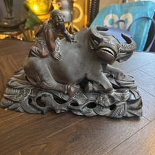 Antique Finely Carved Chinese Hardwood Boy Riding Water Buffalo  On Base
