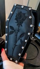 Coffin Shaped Black Handbag, Embellished Rose Design, Goth Emo Alternative Bag
