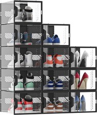 Black 12 Pack Shoe Storage Box Plastic Stackable Shoe Boxes with Door