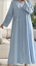 Elegant Women's Baby Blue Loose Elegant Rhinestone Decor Robe/open abaya jacket 