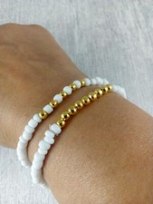 Gold Tone white bracelet SET of 2  Boho Dainty 4mm seed beaded Stretch Stacking 