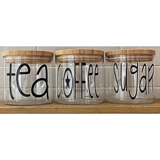Set of 3- Glass Storage Jar Canister Wooden Lid Airtight Tea Coffee Sugar Pantry