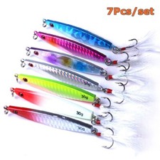 7Pcs 30g Metal Jigging Lead Feather Fish Bait Sea 3 Hooks Fishing Lures Wobblers