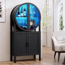 Rounded Wine Bar Cabinet with LED Lights, 65" Tall Drinks Coffee Cabinet