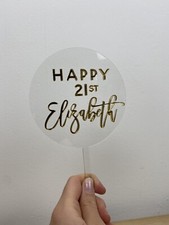 Boxed Acrylic Twenty One 21 Birthday Cake Topper Gold Coloured Script Elizabeth