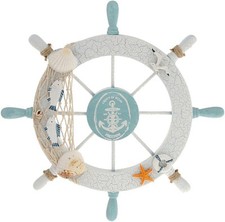 Nautical Beach Wooden Boat Ship Steering Wheel Fishing Net Shell Home Wall... 