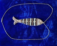 Vintage 1970's Articulated Cream & Brown Enamelled Fish Pendant Necklace