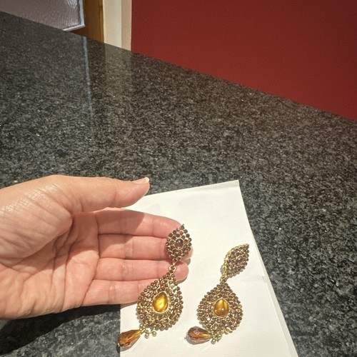 Gold amber brown crystal drop - gold,