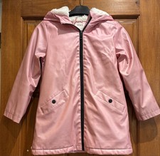 M&S Girls Pink Hooded Faux Fur Lined Rain Mac / Coat Age 7-8 Years