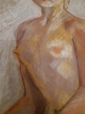 Large chalk drawing of seated nude woman - 70cm x 38cm