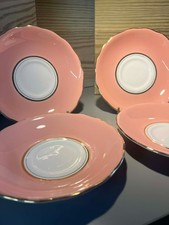 4 x Colclough Harlequin Ballet Bone China Saucers  - in pink / salmon and gilt