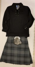 Scottish Kilt Outfit Age 9-10 Black Shirt, Grey Tartan Kilt, Sporran and hose
