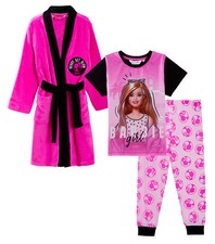 Girls Barbie Dressing Gown + Pyjamas Set Matching 3pc Nightware Bathrobe + Pjs