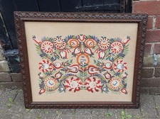 Stunning 19th Century Embroidery Crewel Needlework In Antique Wooden Frame.