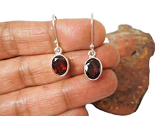 Oval Red Garnet Gemstone Sterling  Silver 925 Drop Dangle Earrings