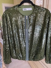 Zara Women's Sequinned Zip Bomber Jacket Size Small New