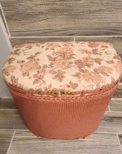 Vintage LLoyd Loom Woven Wicker Half Moon Laundry Basket Ottoman Upholstered Top
