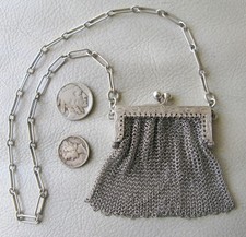 Antique Chatelaine STERLING Silver Engraved Frame Chain Mail Mesh Coin Purse