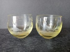 (488) Pair Bird Etched Yellow Coloured Shot Glasses Votive Holders Rowland Ward?
