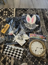 WHITE RABBIT TOP HAT BUNNY EARS, CLOCK , SKIRT , TIGHTS, BOW,GLOVES, NOSE 