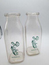 two rishers dairy 16 oz milk bottles 1950's warren,ohio glass printed label 