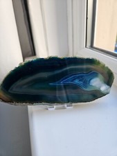 large pollished crystal agate slab.  blue azurite copper inclusions  19cm