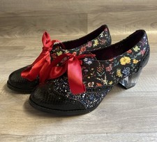 Poetic Licence Floral/Sparkle Heeled Brogue Shoes Ribbon Tie Size EU 37 UK 4