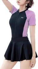 Sukany Ladies One Piece Swimsuit Zip Front Short Sleeve with Skirt