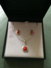 Silver Hallmarked Coral Necklace & Matching Ear Rings