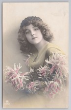 Vintage Glamour Lady w/ Chrysanthemums, Tinted Phototype Postcard, Rotograph