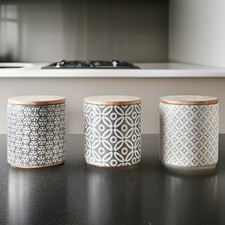 Set Of 3 Ceramic Tea Coffee Sugar Canisters Jars Geo Embossed Storage Jars Pots
