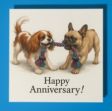 Spaniel and French Bulldog Happy Anniversary Card - Personalised card & Envelope