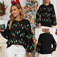 Womens Chunky Knitted Christmas Jumper Pullover XMAS Festive Lights Sweater Tops