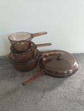 Vintage Vision Corning Cookware 4 Piece Set Amber Glass Pots Frying Pans Lids