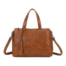 Women's Faux Leather Top Handle Shoulder Bag Long Strap Tassel Tote Handbag